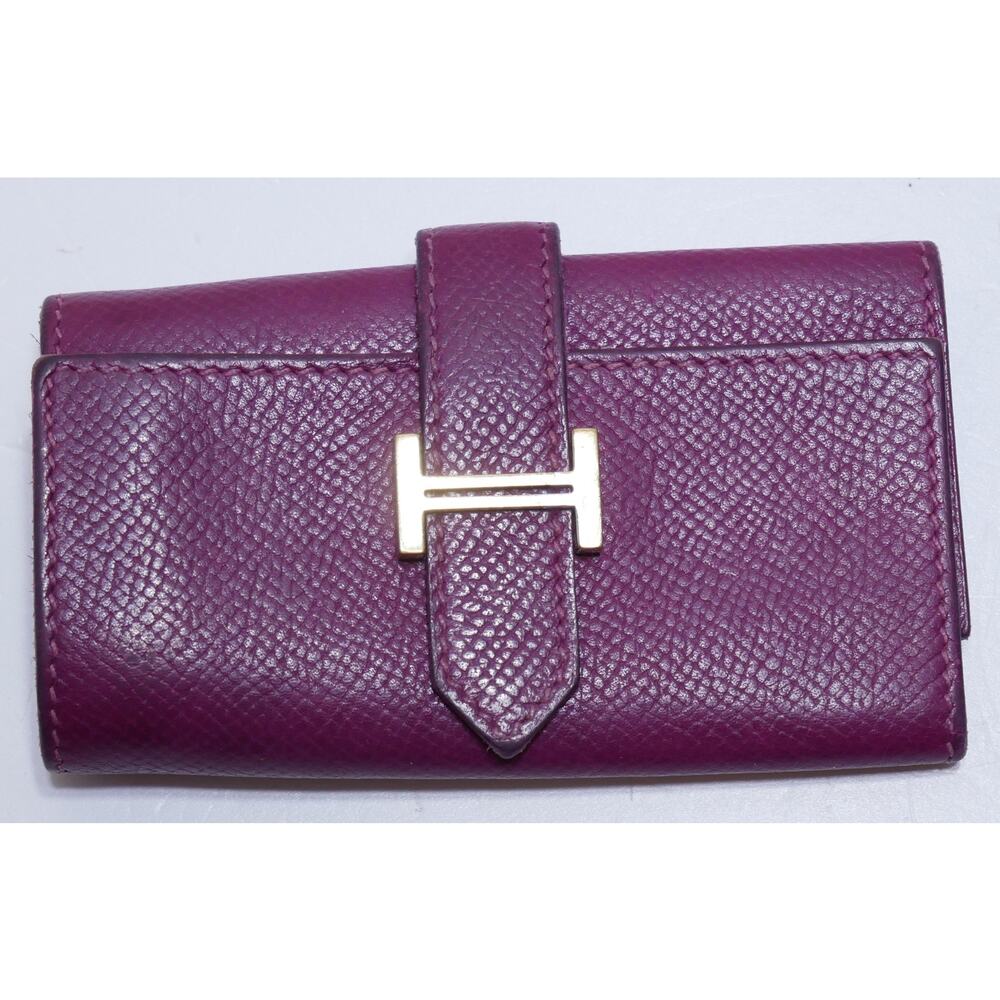 AUTHENTIC HERMES BEARN H CLASP 4 KEY HOLDER PLUM LEATHER POUCH CASE WALLET